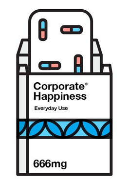 Illustration of capsules in a box titled 'Corporate Happiness. Daily use.'