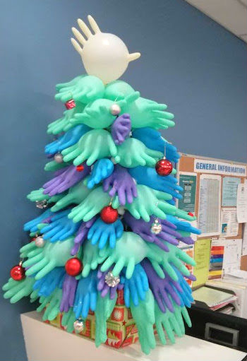christmas tree made of inflated surgical gloves