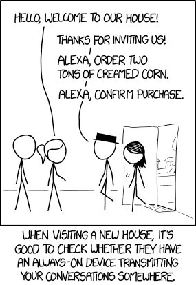 cartoon where visitors arrive and shout purchase orders at Alexa