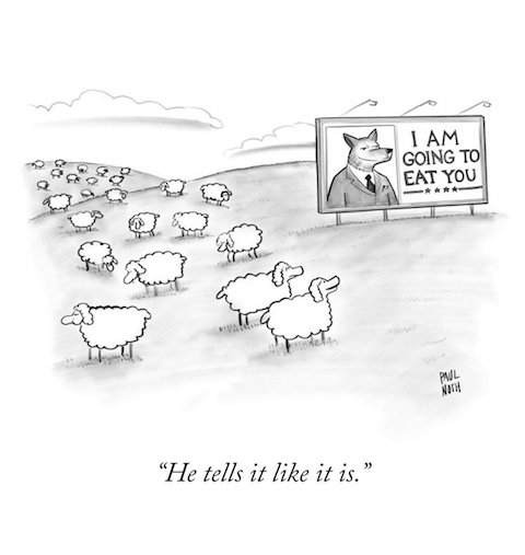 Billboard ad in field of sheep with fox captioned 'I am going to eat you'. Sheep saying "He tells it like it is"