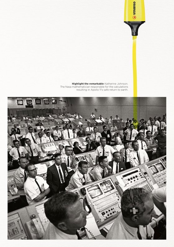 NASA Mission Control photo with yellow highlight on Katherine Johnson whose calcs allowed safe return of Apollo 11