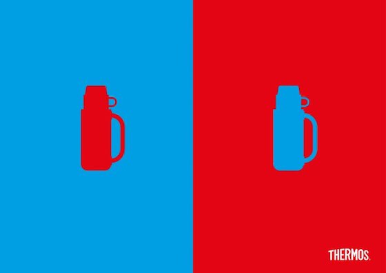 Identical illustrations of a thermos - identical but with colors reversed, highlighting hot and cold application of a thermos