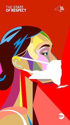 Bright coloured graphic of woman in profile wearing mask the shape of NY state.