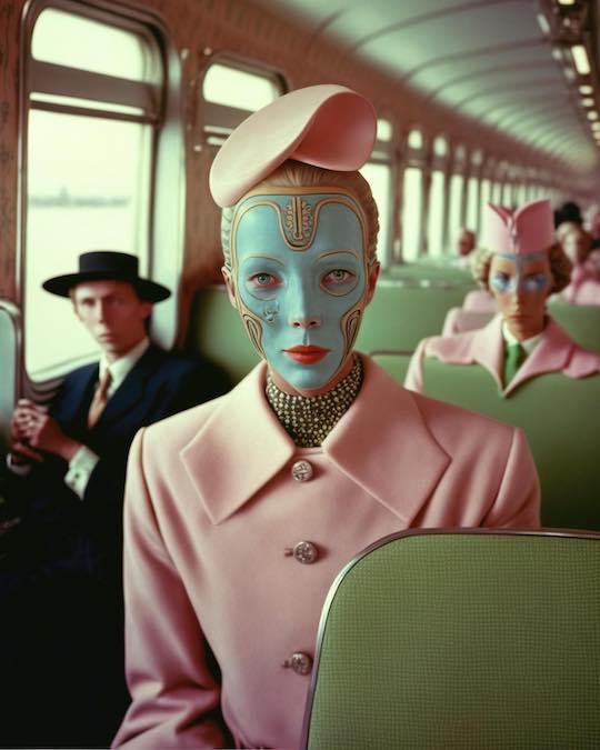 lady with exotic, blue dotted full face mask and classic, tailored 1940s chenille pink suit